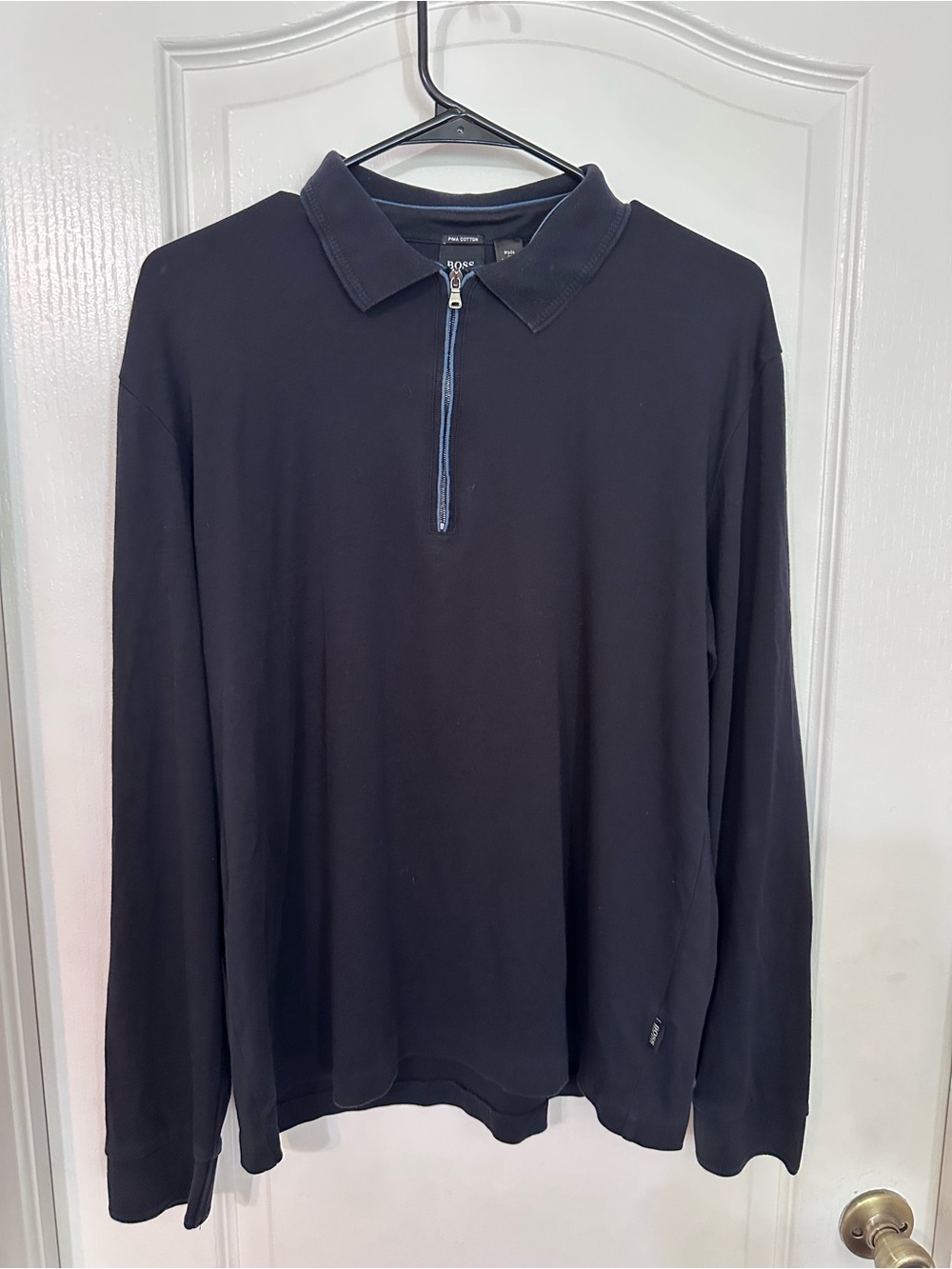 Hugo Boss Men Black Pima Cotton Long Sleeve Quarter Zip Polo Shirt Size L